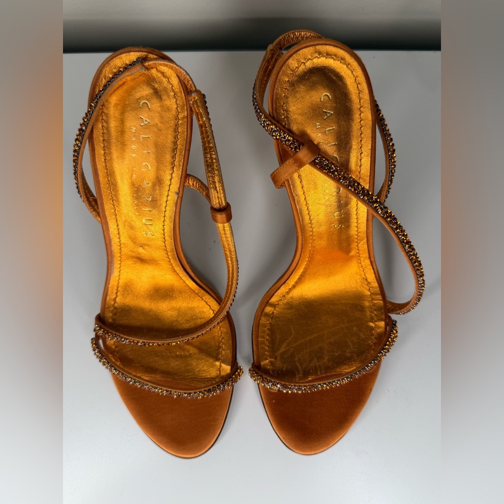 Caligarius Cometa Orange Satin Swarovski Crystal Heels Made in Italy Sz 37/ US 7 - Picture 6 of 12